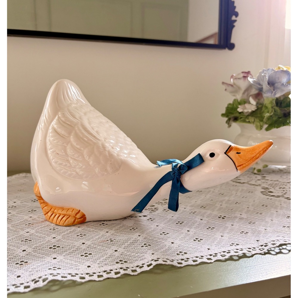 Vintage White Ceramic Goose Figurine with Blue Ribbon Bow Farmhouse Decor 8 inch